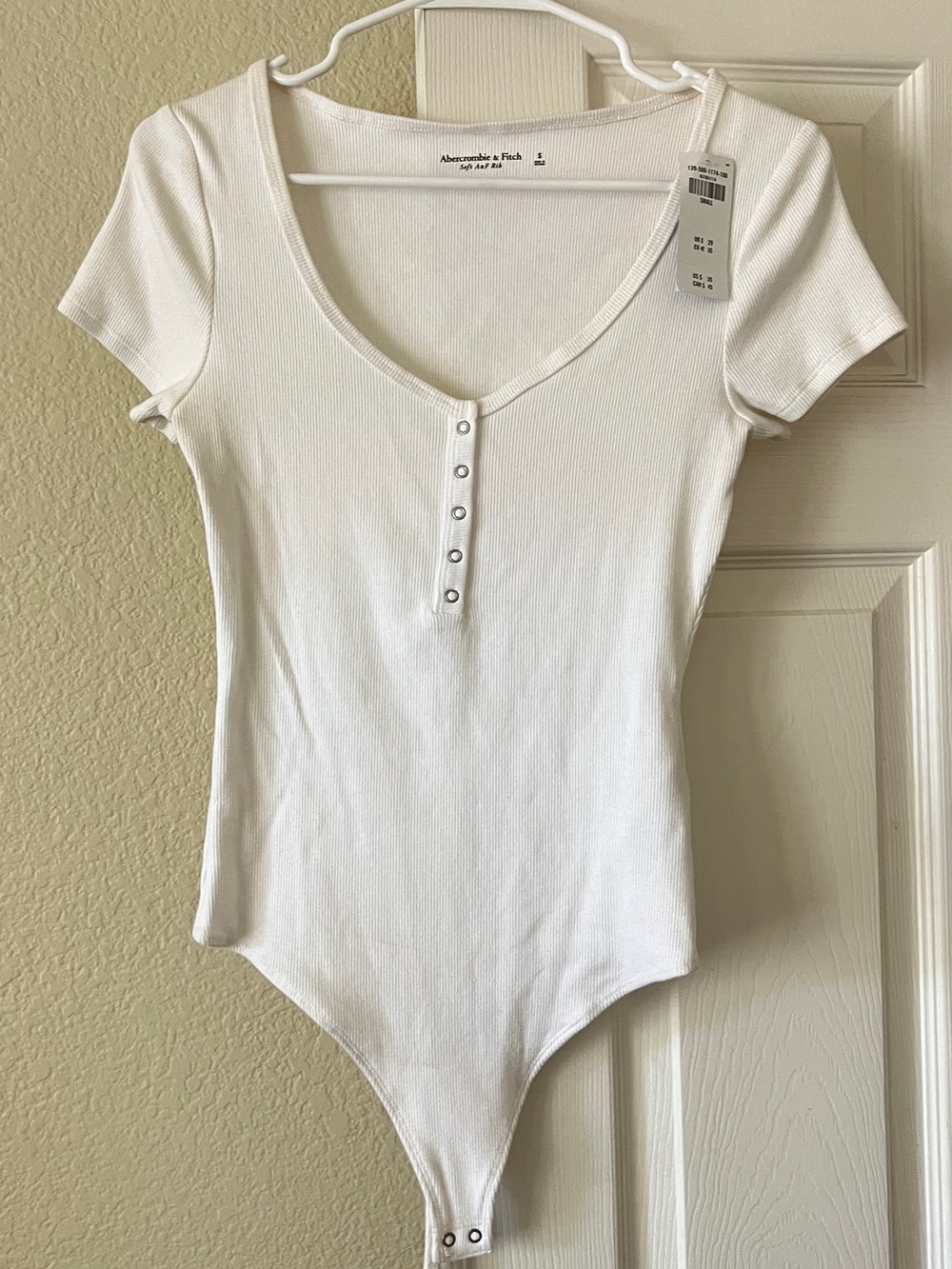 Abercrombie & Fitch White Ribbed Henley Short Sleeve Bodysuit